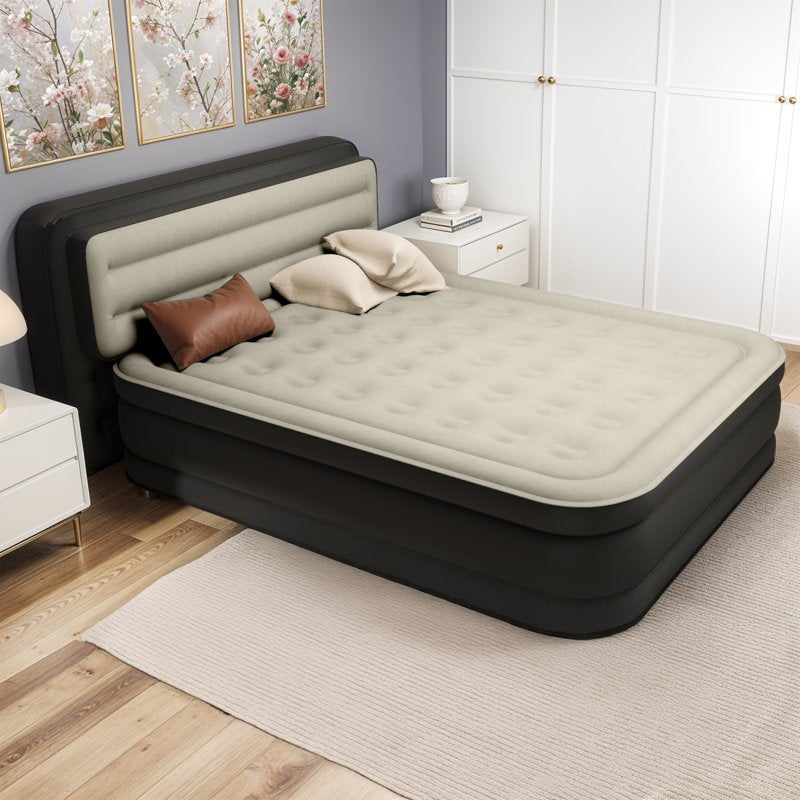 Gray Queen Size Air Mattress with Built-In Headboard & Pump - 18in Deluxe Flocked Top