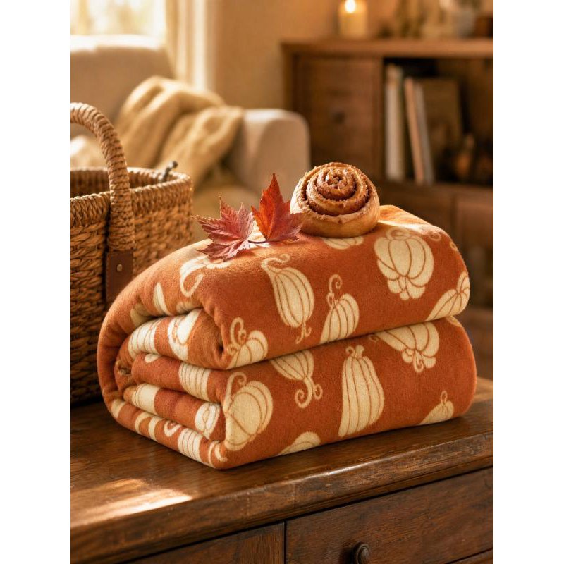 Orange Thanksgiving Pumpkin Leaf Pattern Flannel Throw Blanket - Soft Polyester Seasonal Decor Cover for Sofa Bed Couch Camping Travel 51x59In - Variation: Orange