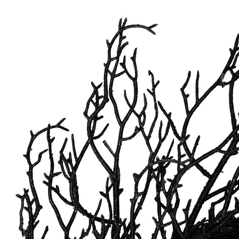 Black Glittered Twig Halloween Wreath - 24 Inch Unlit Decor for Door & Wall