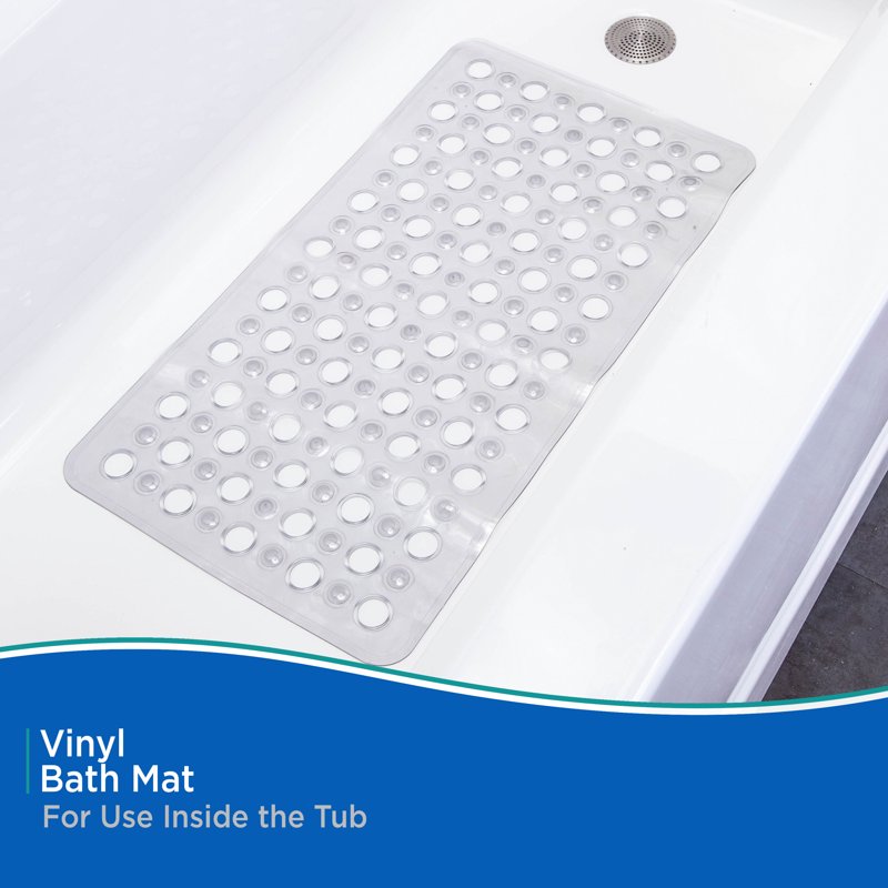 Vinyl Bath Mat with Suction Cups & Large Drain Holes - 27 x 14.5 inches, Grey