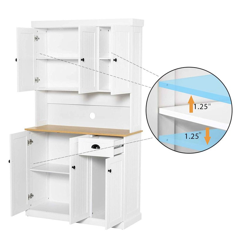71-Inch Kitchen Pantry Storage Cabinet - Freestanding Hutch with Microwave Countertop, 6 Doors & 1 Drawer - White