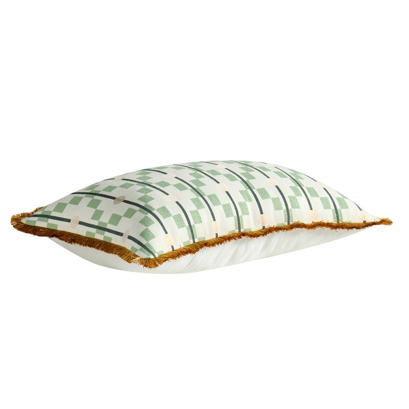 Green Diamond Geometric Decorative Pillow 14x24 Lumbar Cushion with Gold Fringe
