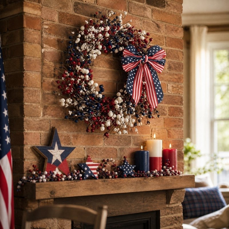 4th of July Wreath for Front Door - Patriotic Red, White & Blue Decoration - Variation 0B