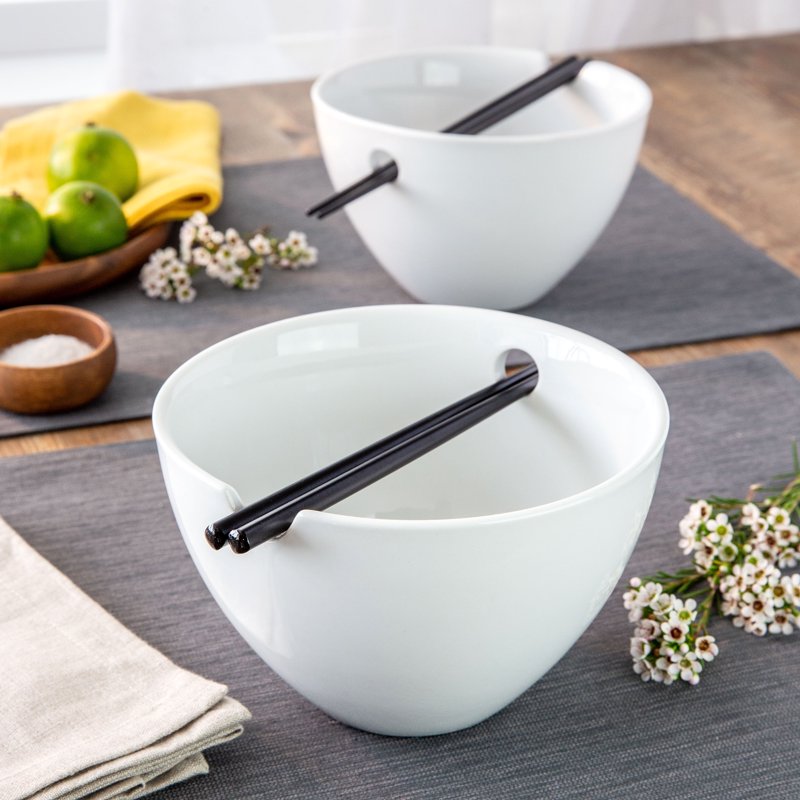 Porcelain Noodle Bowl Set with Chopsticks - 2 Pack