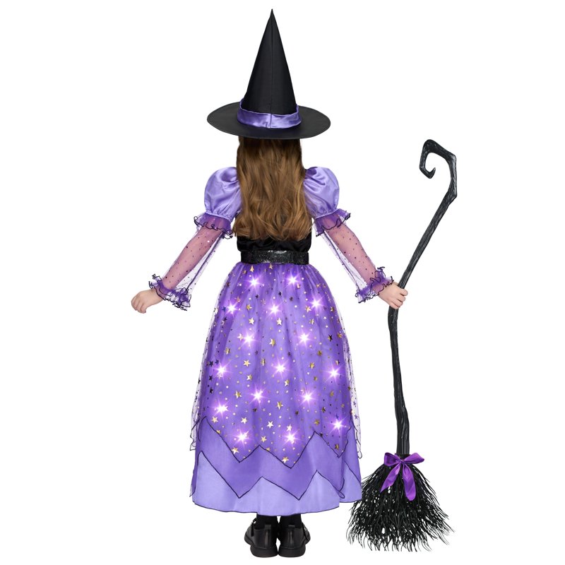 Girls Light Up Witch Costume Set - Starry Dress, Broom, Hat, Small (5-7 Years) - Halloween Cosplay