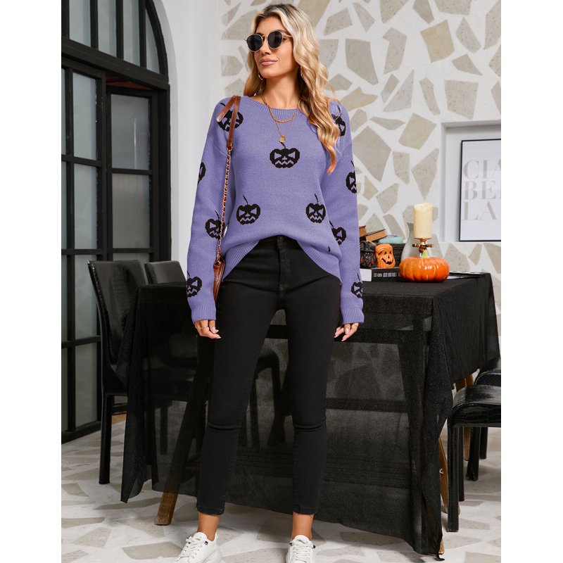 Halloween Pumpkin Sweater for Women Purple M Long Sleeve Knitted Pullover