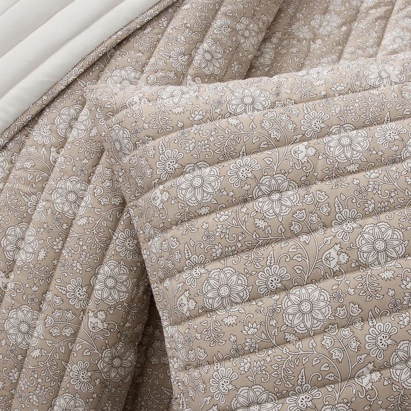 Full/Queen Floral Quilt Set with Pickstitch Stripes - Taupe 3-Piece Bedding