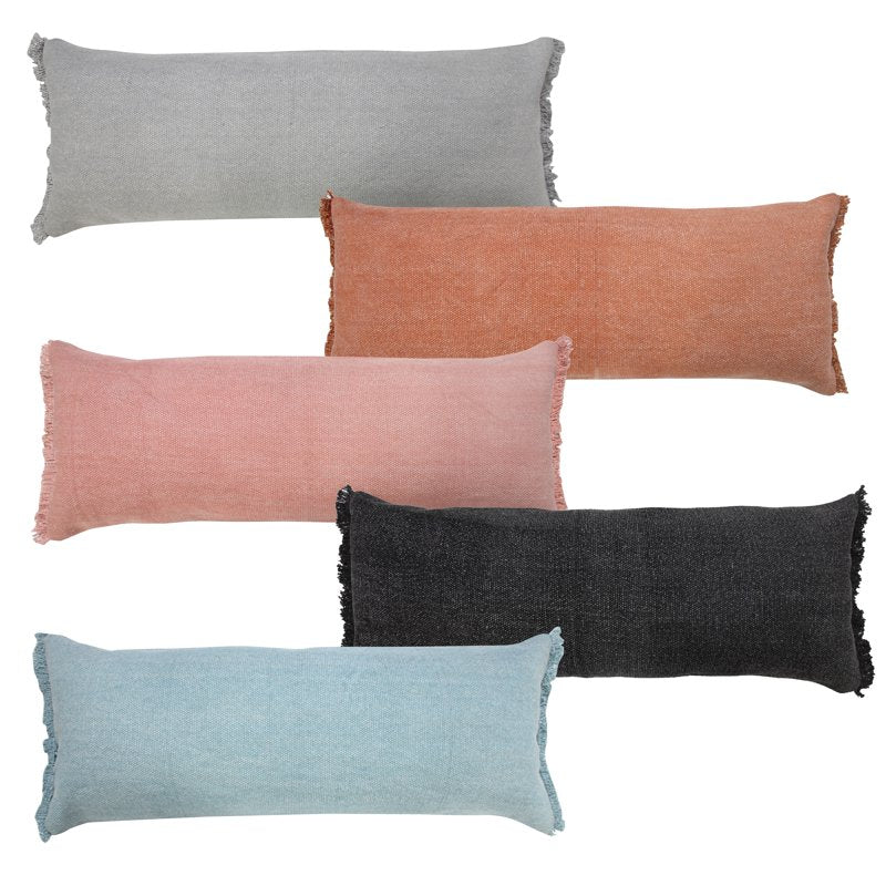 Ox Bay Nellie 14x36 Inch Gray Solid Cotton Throw Pillow with Fringe - Decorative Lumbar Accent