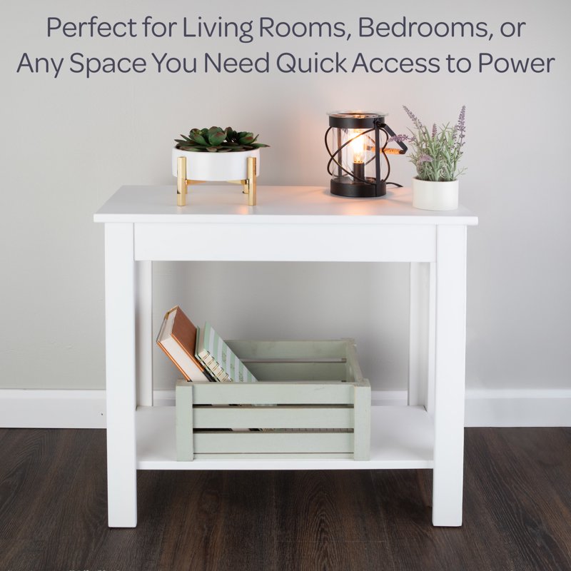 Narrow Side Table with Charging Station & Storage Shelf
