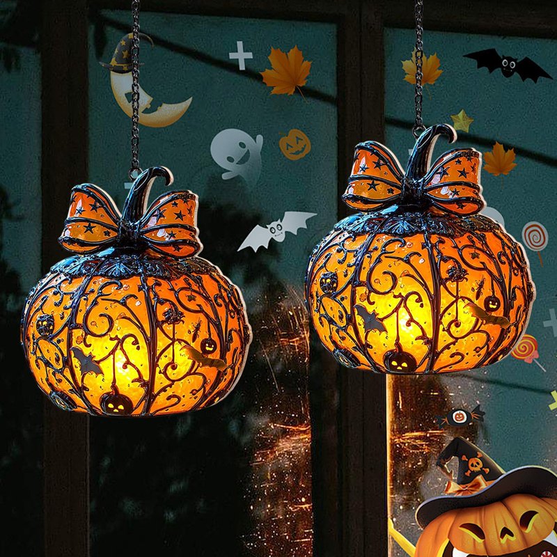 Halloween Stained Glass Hanging Pumpkin Ornament - Bat Star Design, Indoor Decor, Variation #01