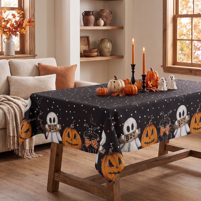 Halloween Tablecloth 52x70 Inch Black Ghost Cat Pumpkin Wrinkle-Resistant & Washable