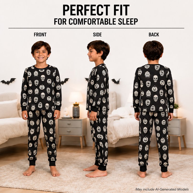 Halloween Boys Pajama Set - Glow-in-the-Dark Skeleton & Pumpkin 2T-12 - Black Skeleton 3T