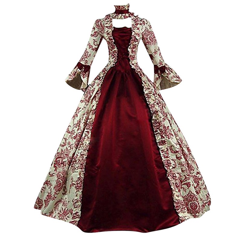 Plus Size Medieval Dress for Women - Gothic Victorian Ball Gown with Trumpet Sleeves, Wine, XXXXXL