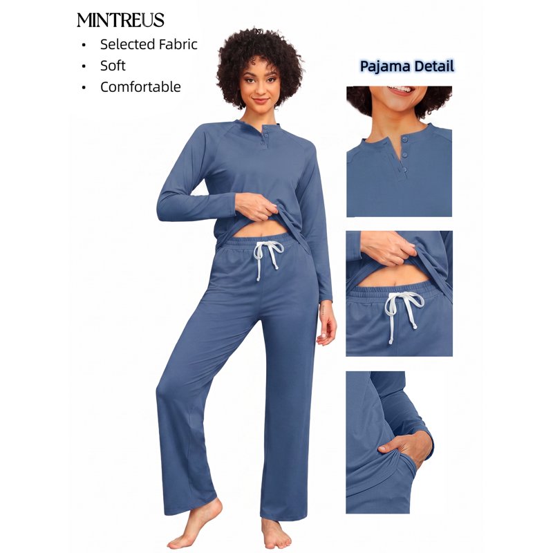 Couple Pajama Set for Women XL - Soft Matching Sleepwear with Pockets - Gray Blue