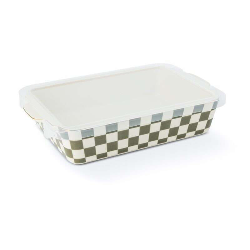 Moss Green 4-Piece Checkered Ceramic Casserole Dish Set with Lids
