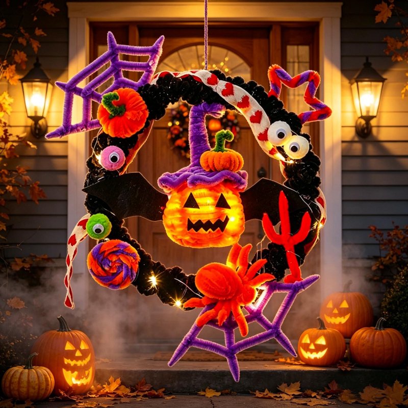 Halloween Wreath with Orange LED Pumpkin & Bats - Gothic Front Door Decor - Variation of Pumpkin & Bats