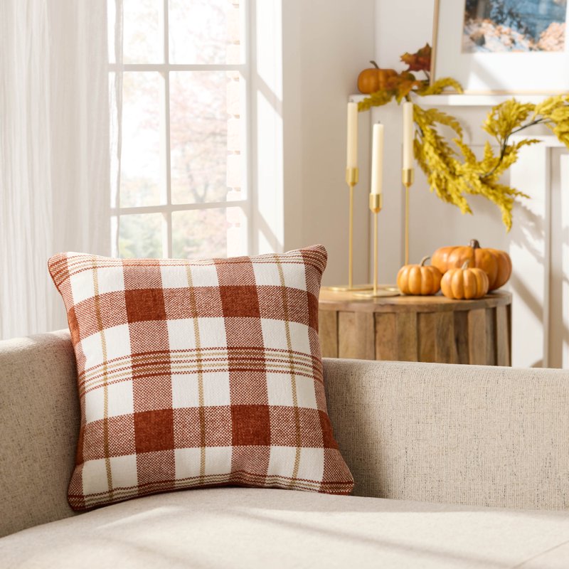 Harvest Plaid Decorative Pillow - 18x18 Inches Fall Home Decor, Reversible