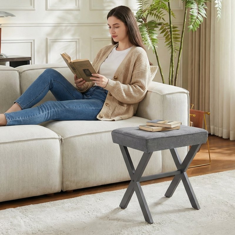 Modern Square Makeup Stool with Metal X Legs - Multiple Colors
