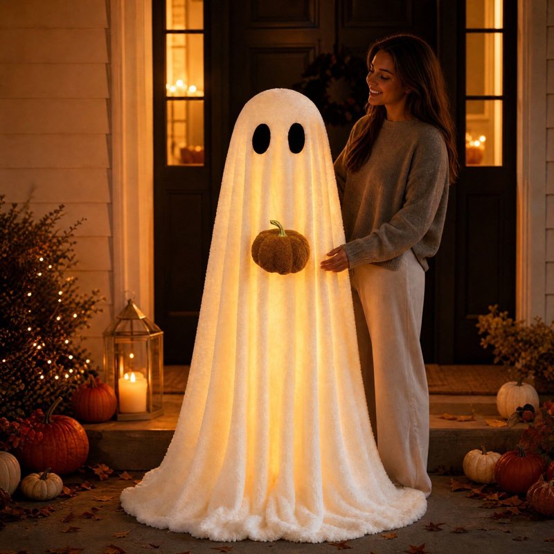 Lighted Ghost Prop Standing Halloween Decoration with Pumpkin, Adjustable Tripod, White, 3.6FT