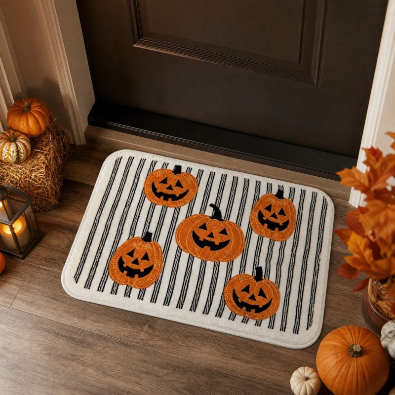 Halloween Floor Mat Non-Slip Black White Striped Pumpkin Face Welcome Rug - Variation C