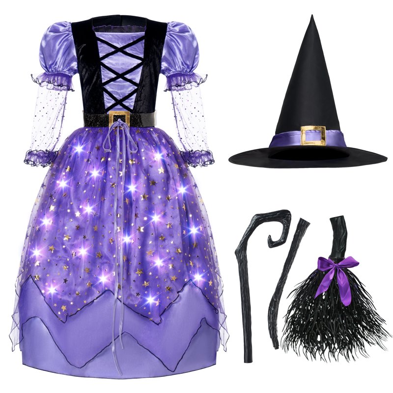 Girls Witch Costume Set - Purple Starry Dress with Light-Up Broom & Hat, Medium (8-10 Years)