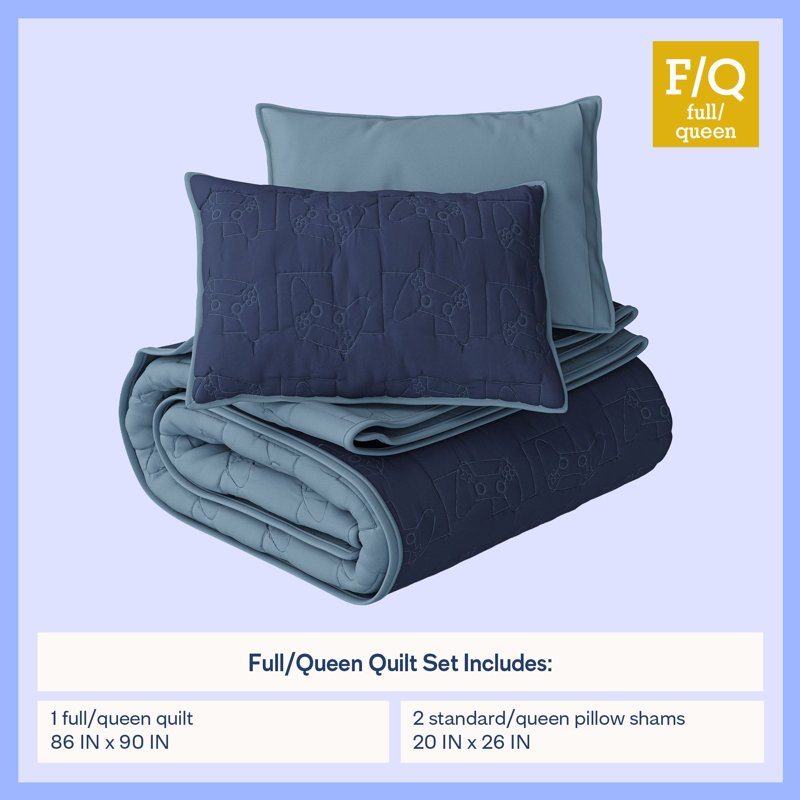 Mainstays Kids Reversible Stitch Quilt Set - Full/Queen, Blue, 3 Pieces