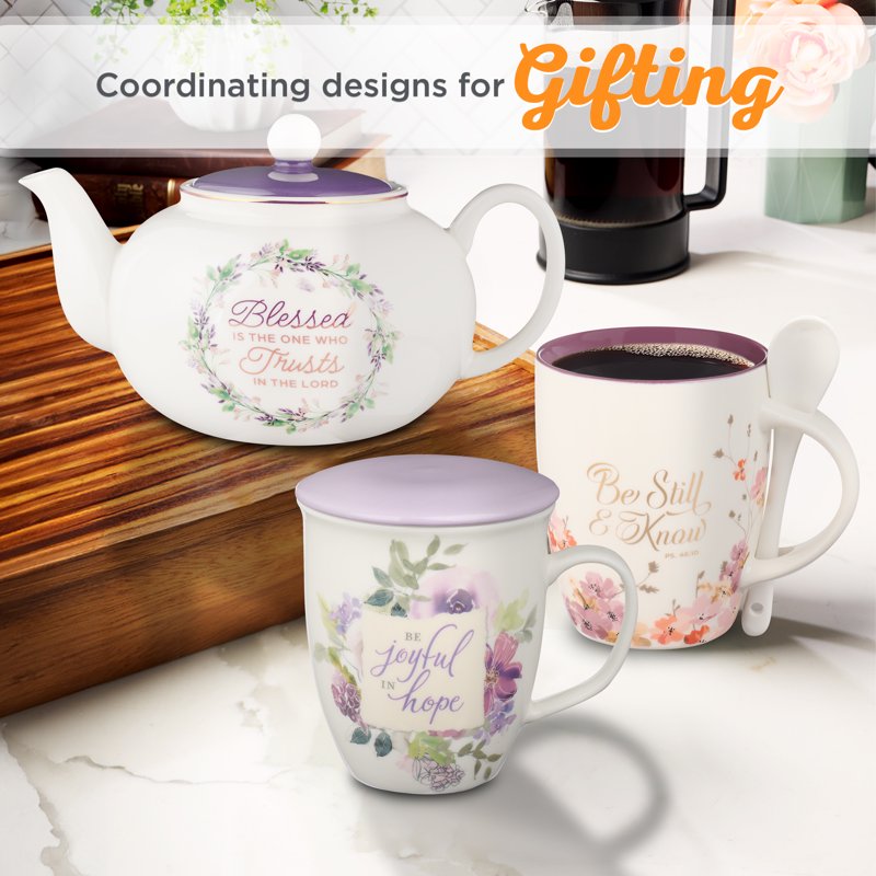 Inspirational Ceramic Teapot - Blessed Purple Floral, 34 oz