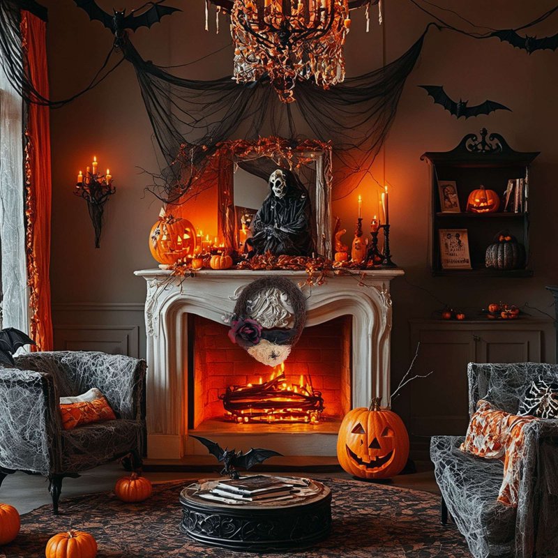 Halloween Wreath with Black Rose, Crow, Spider & Twig - Front Door Decor