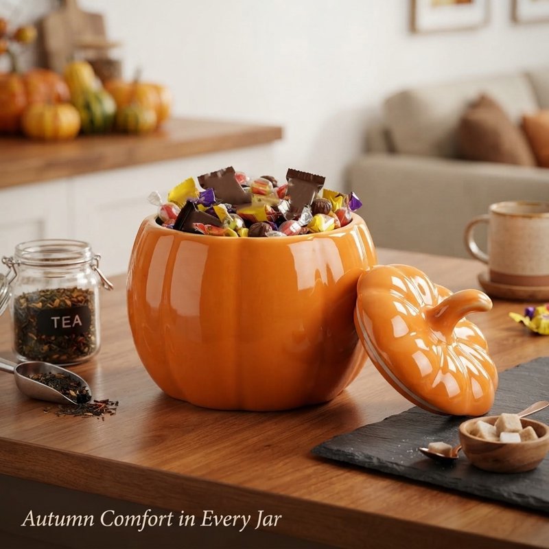 Halloween Pumpkin Candy Jar - Ceramic Storage Container with Lid - Variation #027