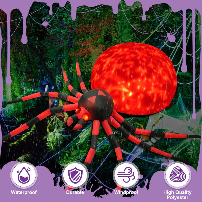 Giant 12FT Halloween Inflatable Spider with LED Lights & Air Pump - Red