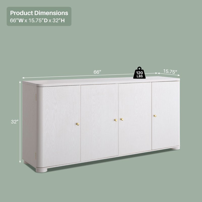 66" Curved White Kitchen Buffet Sideboard Cabinet - 4 Doors & Shelves