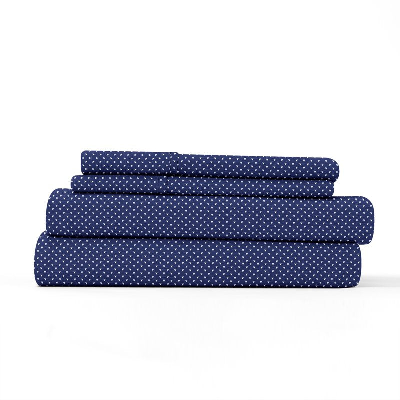 Queen Microfiber Bed Sheets Set with Pattern, Navy Heart - 4 Piece