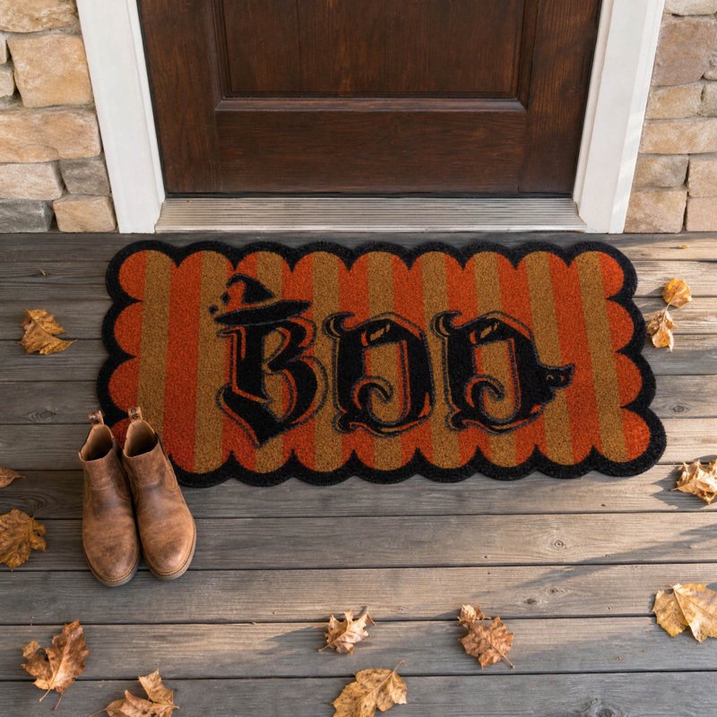 Halloween Door Mat with Witch Hat Boo Print, Durable Welcome Rug for Front Porch - Variation B3