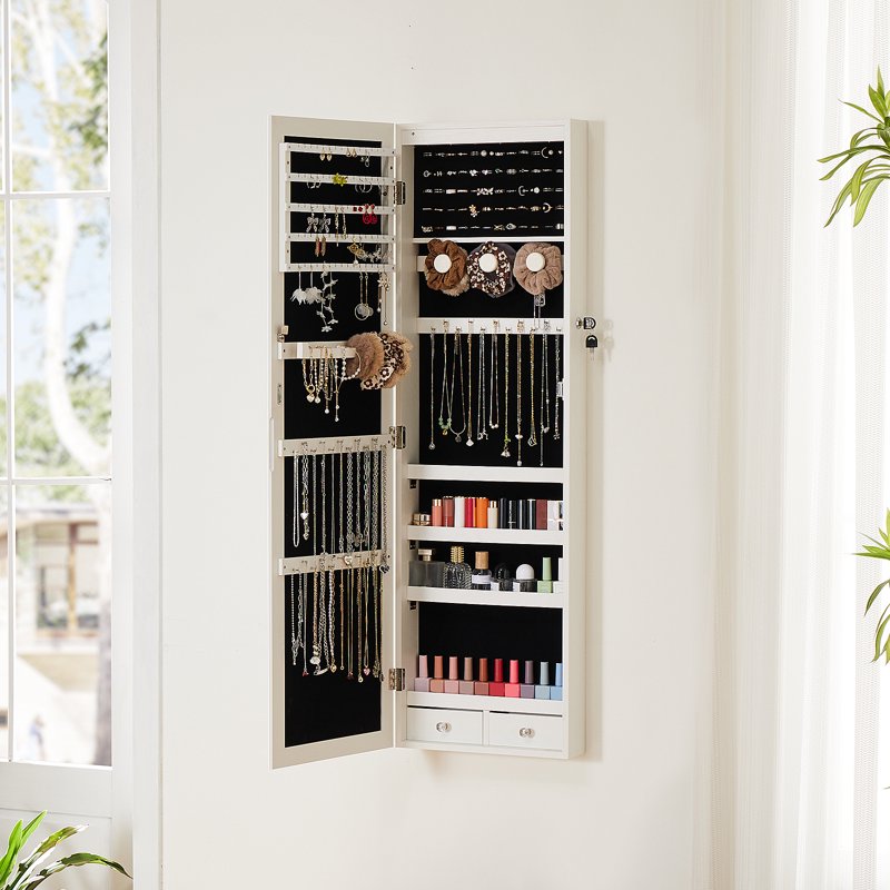 Full-Length Mirror Jewelry Cabinet with LED Lights - Wall-Mounted
