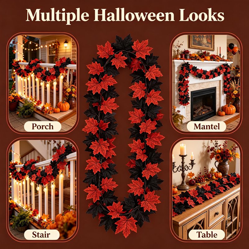 Halloween Maple Leaf Garland - Multicolor F, 71in Black Red Fall Foliage Vine
