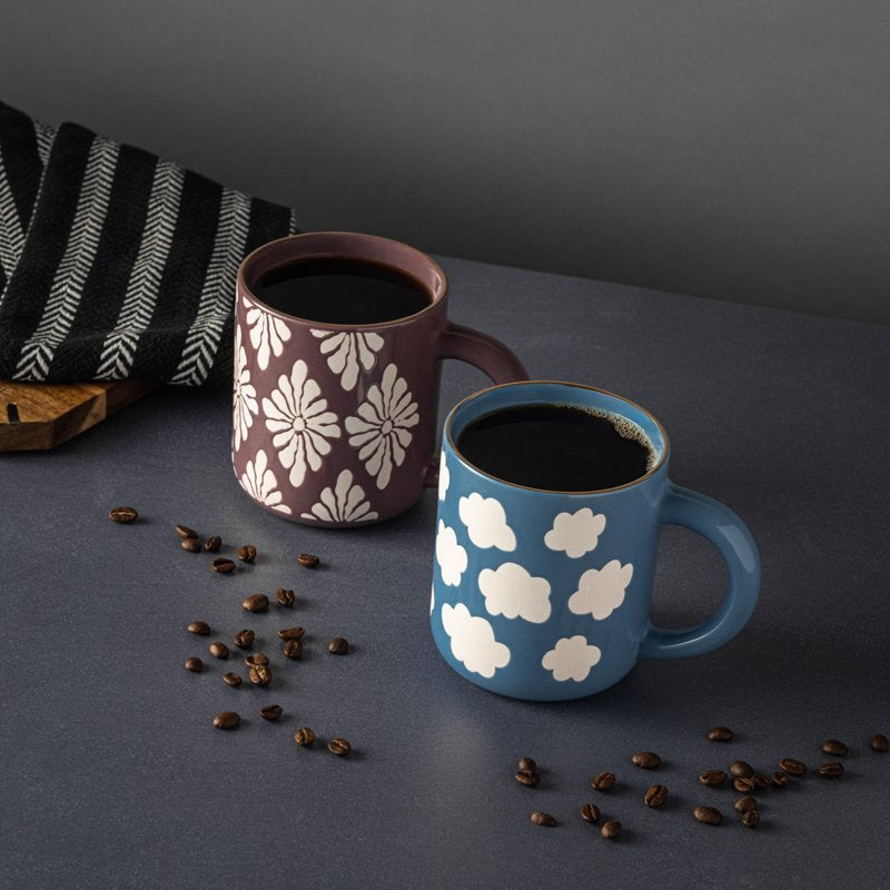 Elegant Stoneware Mugs Set - Blue Skies & Purple Flowers, 19.6 fl oz