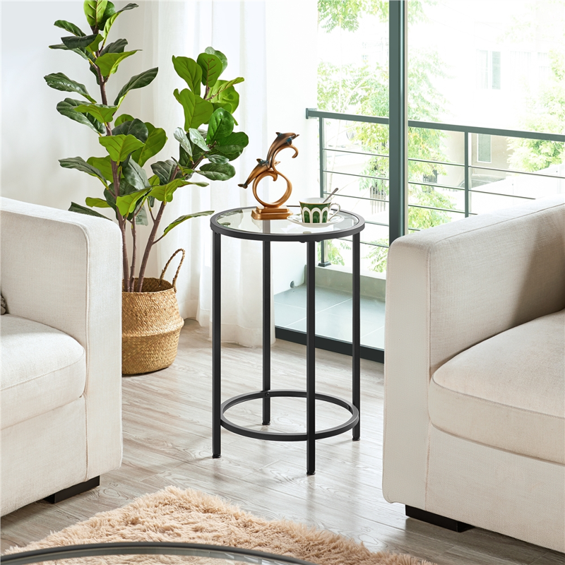 Round Metal End Tables with Glass Top - Set of 2, Black