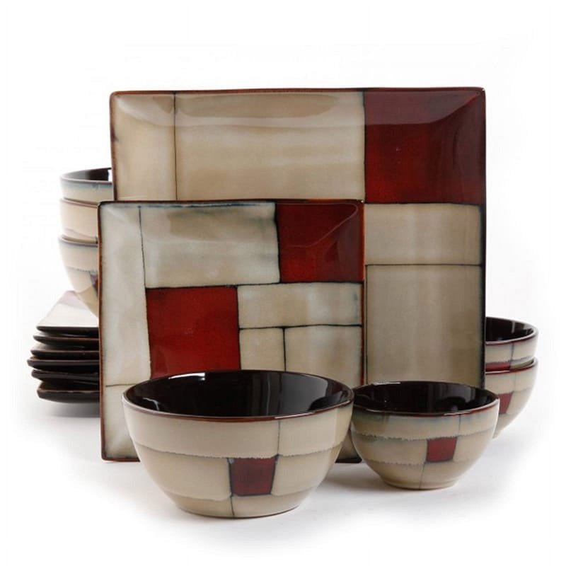 16-Piece Double Bowl Dinnerware Set in Taupe & Red