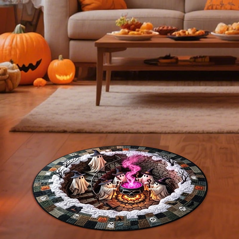 Halloween Round Rug 50cm Optical Illusion Ghost Pumpkin Skull Doormat - Variation 3