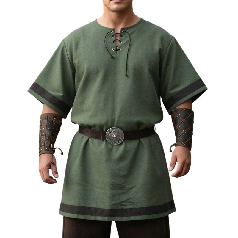 Men's Medieval Knight Viking Surcoat Costume Short Sleeve Lace-Up Top - Green, L