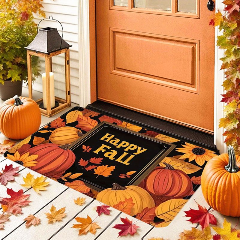 Fall Pumpkin Maple Leaf Doormat - Thanksgiving Halloween Non-Slip Floor Rug, Washable Entryway Decor (Variation C)