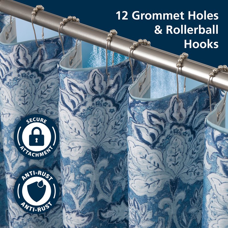 Blue Medallion Shower Curtain Set with PEVA Liner & Metal Hooks - 72x72 Inches