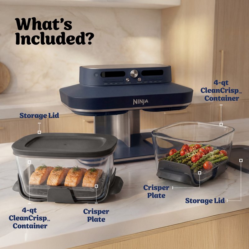 DualZone Glass Air Fryer - 8-Qt Capacity with Non-Toxic Containers - Blue