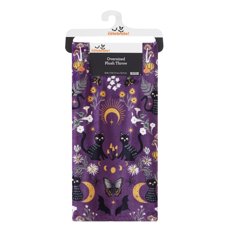 Midnight Magic Cats Plush Oversized Halloween Throw Blanket - Purple, 50 x 72 in