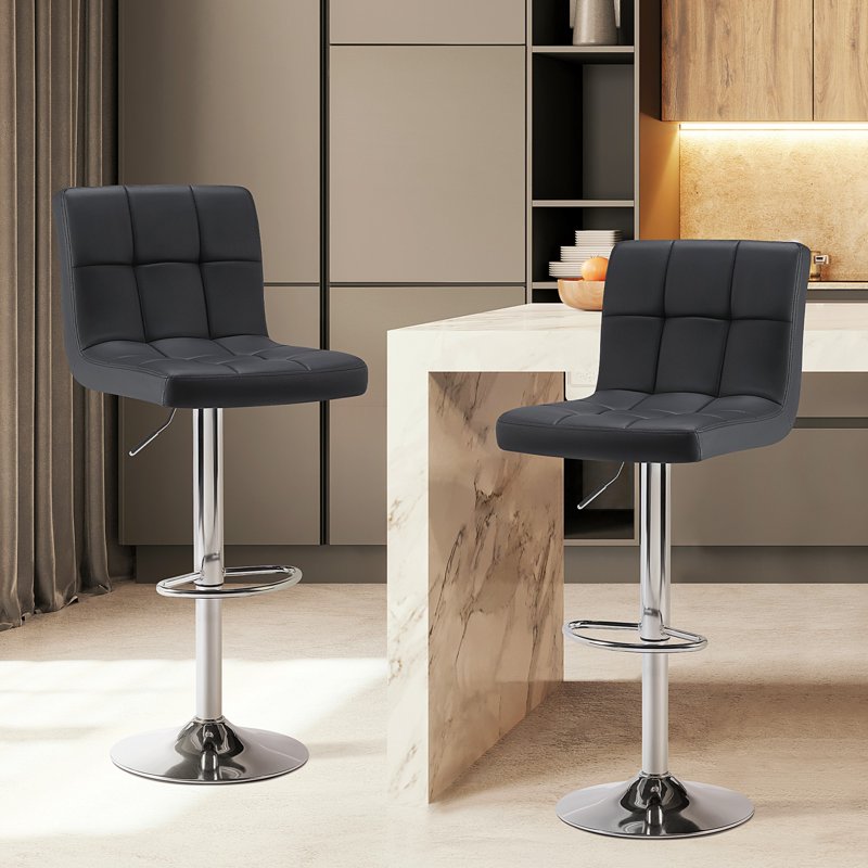 Adjustable Swivel PU Leather Bar Stools - Set of 2, Black