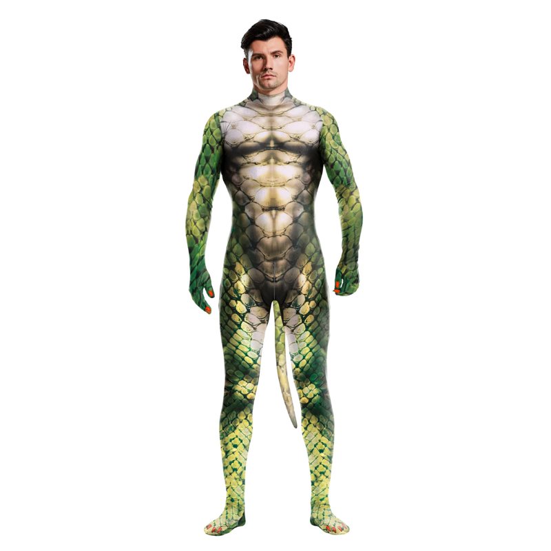 Men's Green Full Body Dragon Costume Bodysuit with Wings, Mask & Tail - Halloween Cosplay