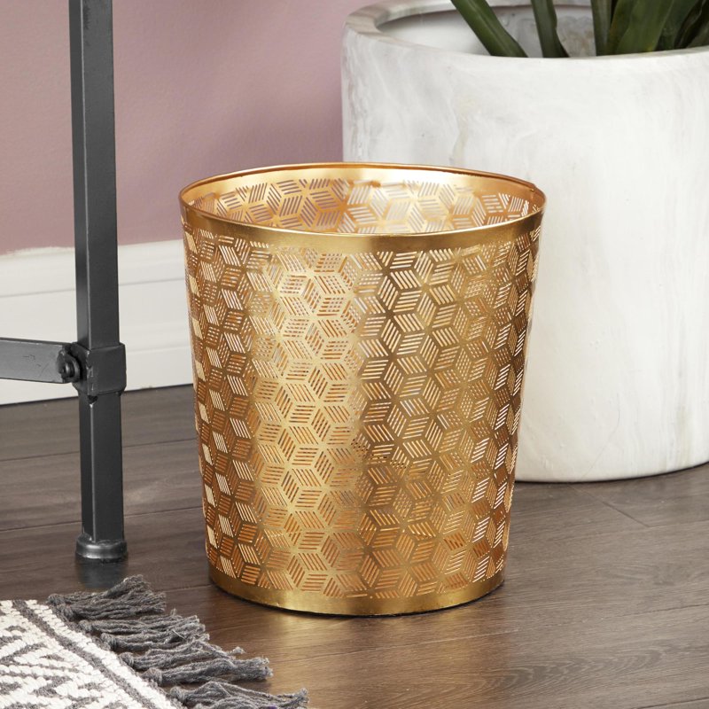 Gold Metal Geometric Cube Waste Bin - 9" x 10" Round