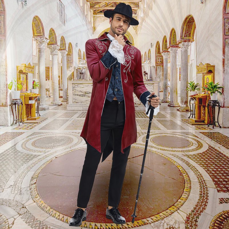 Men's Medieval Steampunk Tailcoat Jacket - Gothic Victorian Frock Coat, Red, XL