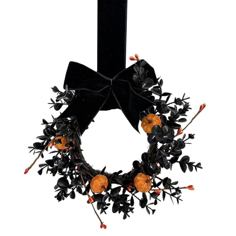 Halloween Pumpkin Wreath with Bow - Small Autumn Holiday Door Decor