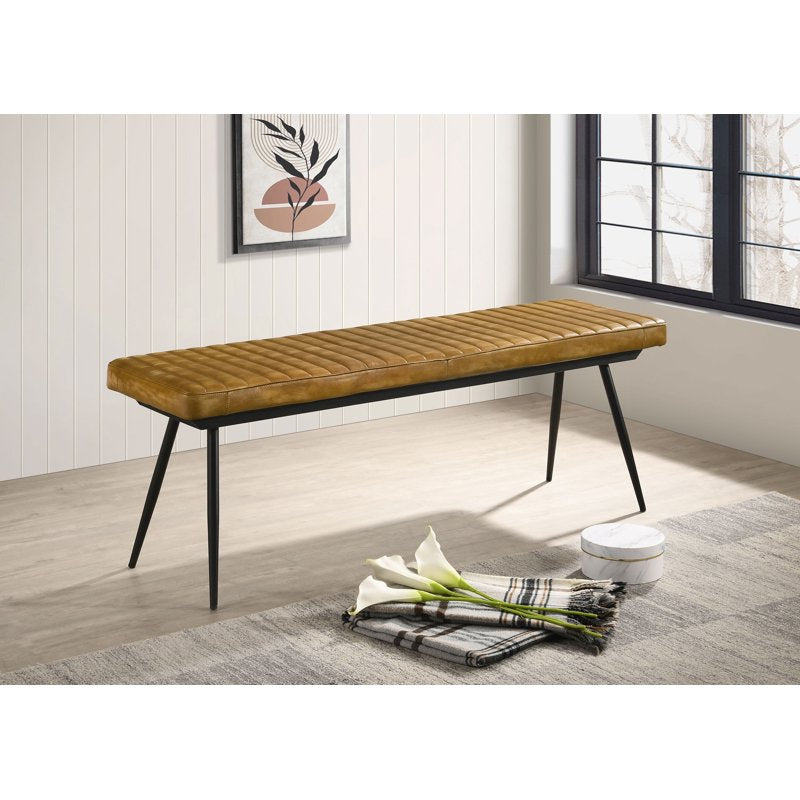 Antique Camel Leather Upholstered Dining Bench - Modern Design
